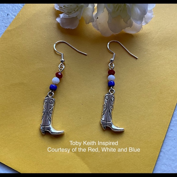 Patriotic Boot Earrings, GOD BLESS USA Boots, Kick Butt Toby Keith Earrings - Picture 7 of 7